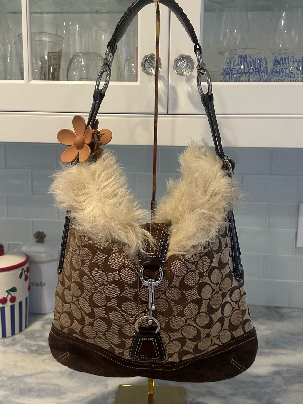 Preloved Vintage Coach Brown Signature Canvas Shoulder Bag with Faux Fur Trim